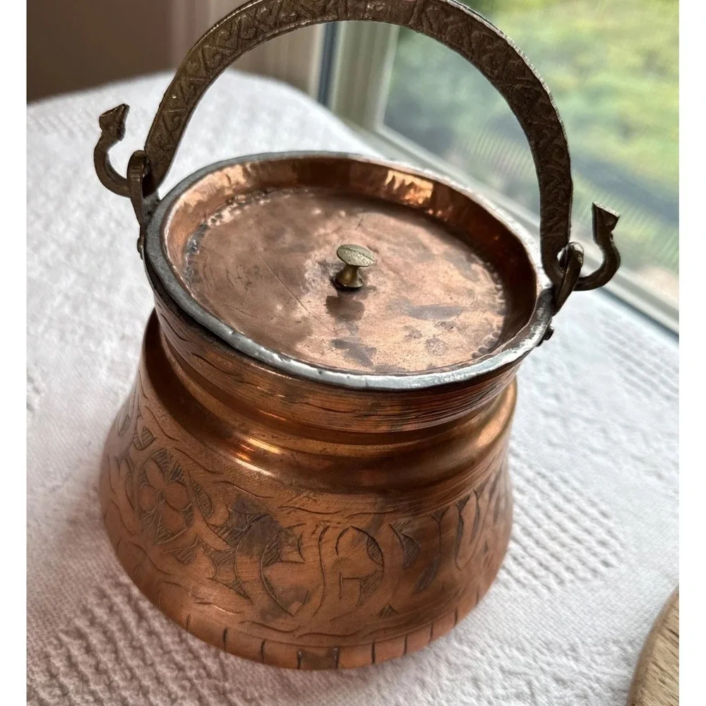 Antique Turkish Hand Hammered Copper Cauldron w/ Lid Etched Design Snake Handle
